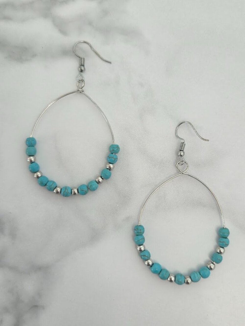 Casual Paparazzi Silver Tone Hoop Earrings with Turquoise Style Beads - Picture 4 of 10
